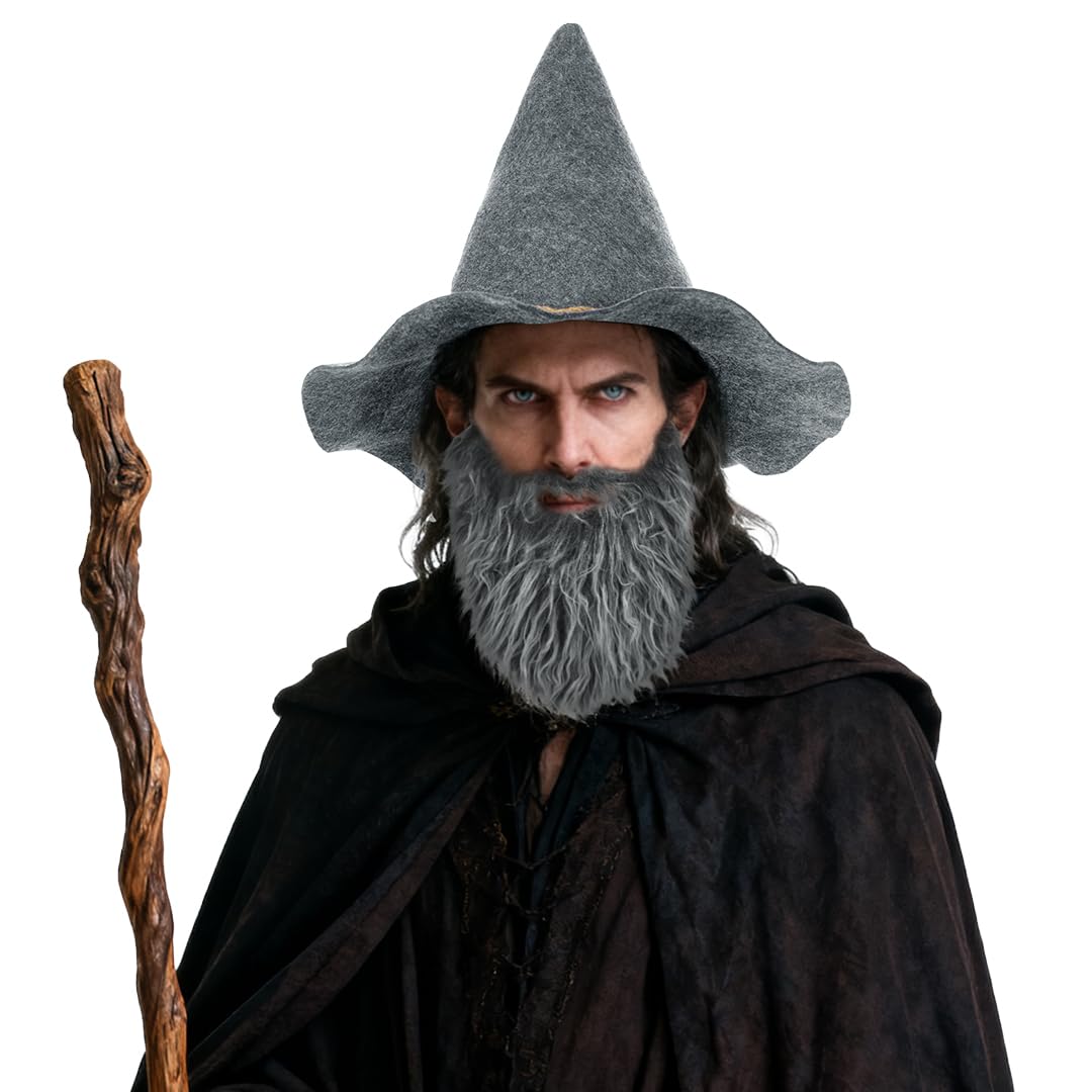 SIQITECHUK Wizard Hat with Faux Beard Witch Sorcerer Hat Adult Wizard Costume Accessories for Halloween Fancy Dress Cosplay (Grey) - Image 2