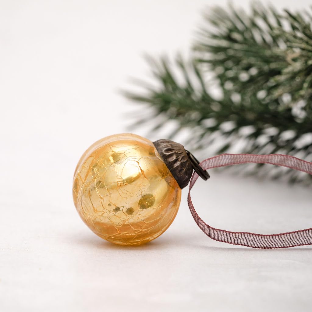 Arthur Cameron – Handmade, Mouth-blown 1" Ribbed Glass Mini Baubles with Bronze Cap, Ribbon & Organza Bag – Elegant Small Christmas Baubles & Christmas Hanging Decorations (Champagne)