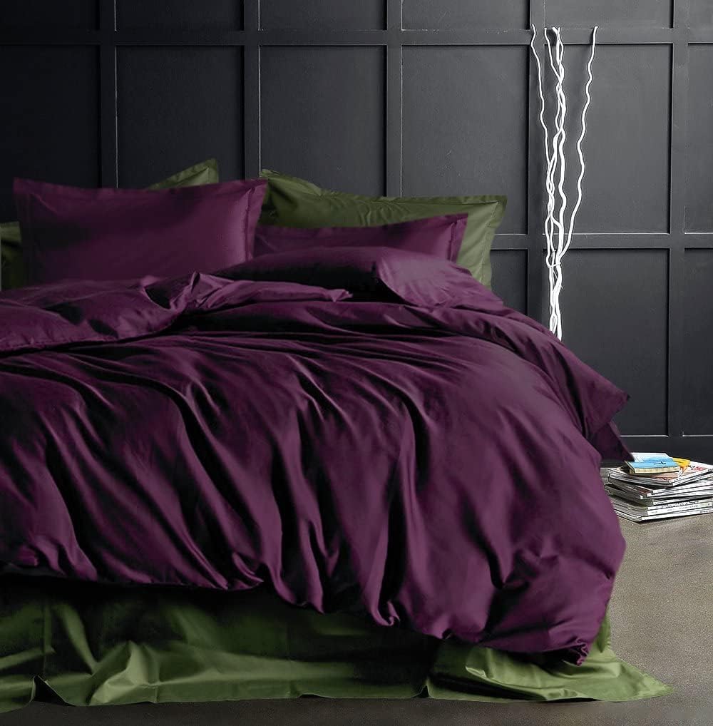 Eikei Solid Color Duvet Cover Luxury Bedding Set 400 Thread Count Egyptian Cotton Long Staple Sateen Weave Breathable Silky Soft Pima Premium Quality Bed Linen (Deep Plum, King)