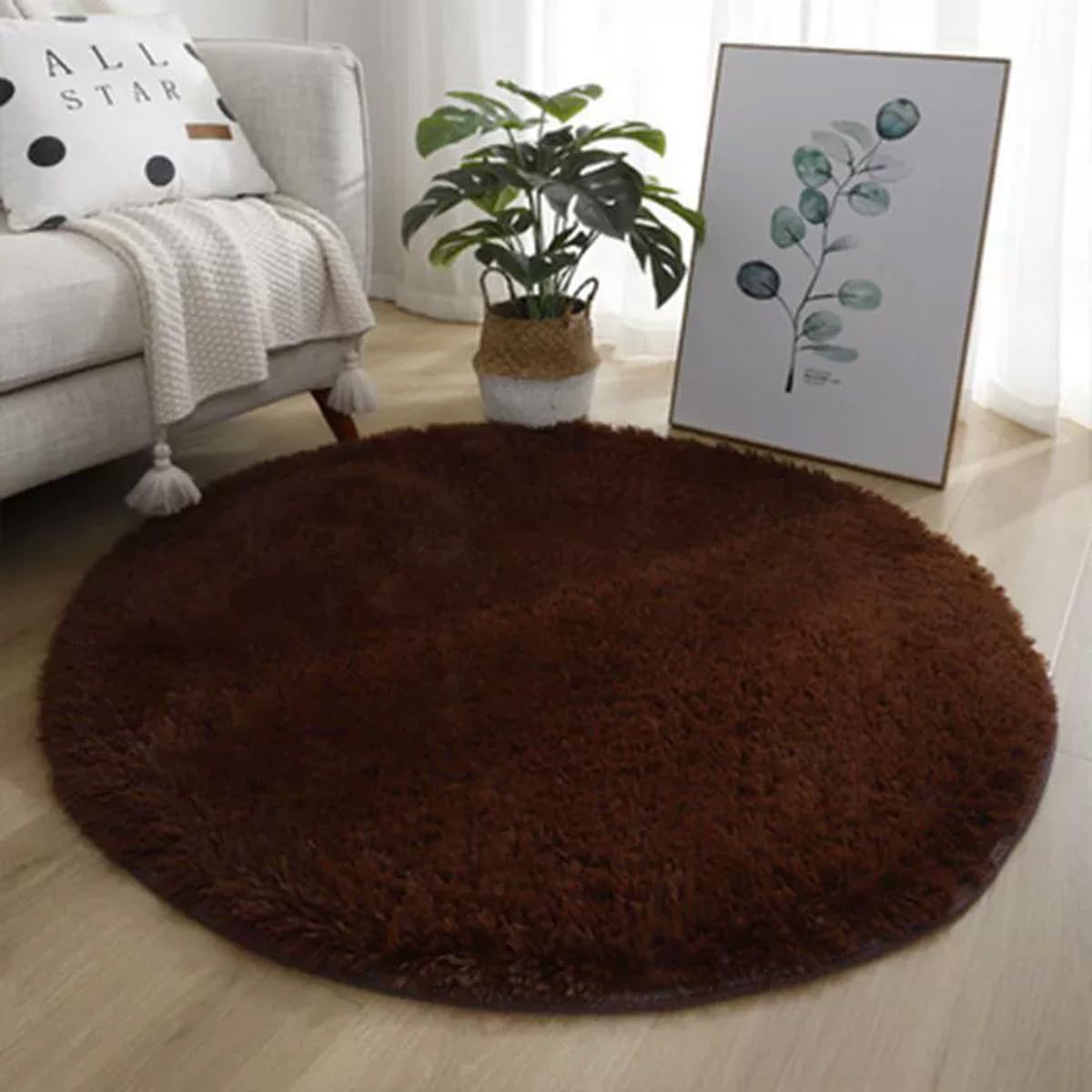 Mozzeilee Round Bath Mat, Plush Machine-Washable Bathroom Shower Floor Rug for Bathtub-Side, Extra Soft Absorbent Fluffy Foot Mat for Hallway Living Room Bedroom (Dark Coffee,140cm(Round))