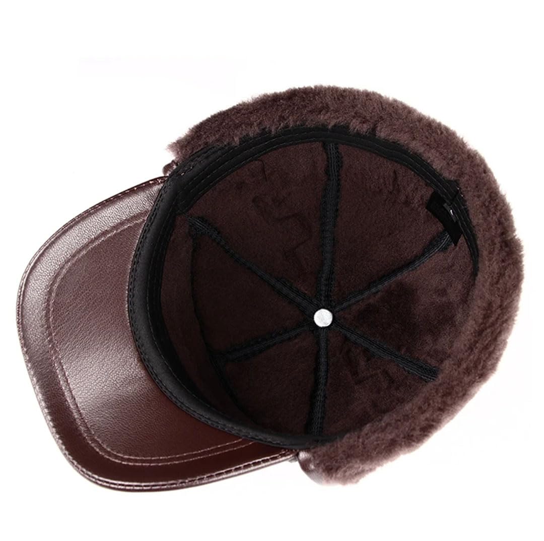 Gorro de invierno para hombre, piel de oveja auténtica, con solapa para las orejas, color negro, cálido y grueso, marrón, 55-56 cm