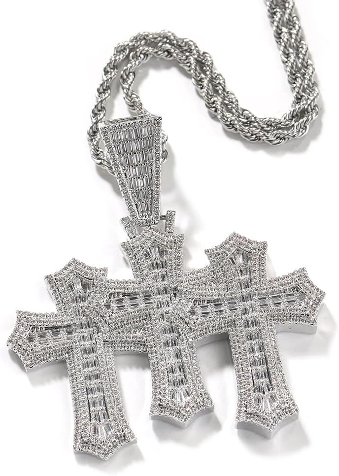 LuxeFlex Iced Out Baguette Diamond Cross Pendant, 14K Gold Plated Religious Three Stacked up Gothic Cross Necklace, Hip-Hop Jewelry for Men Women