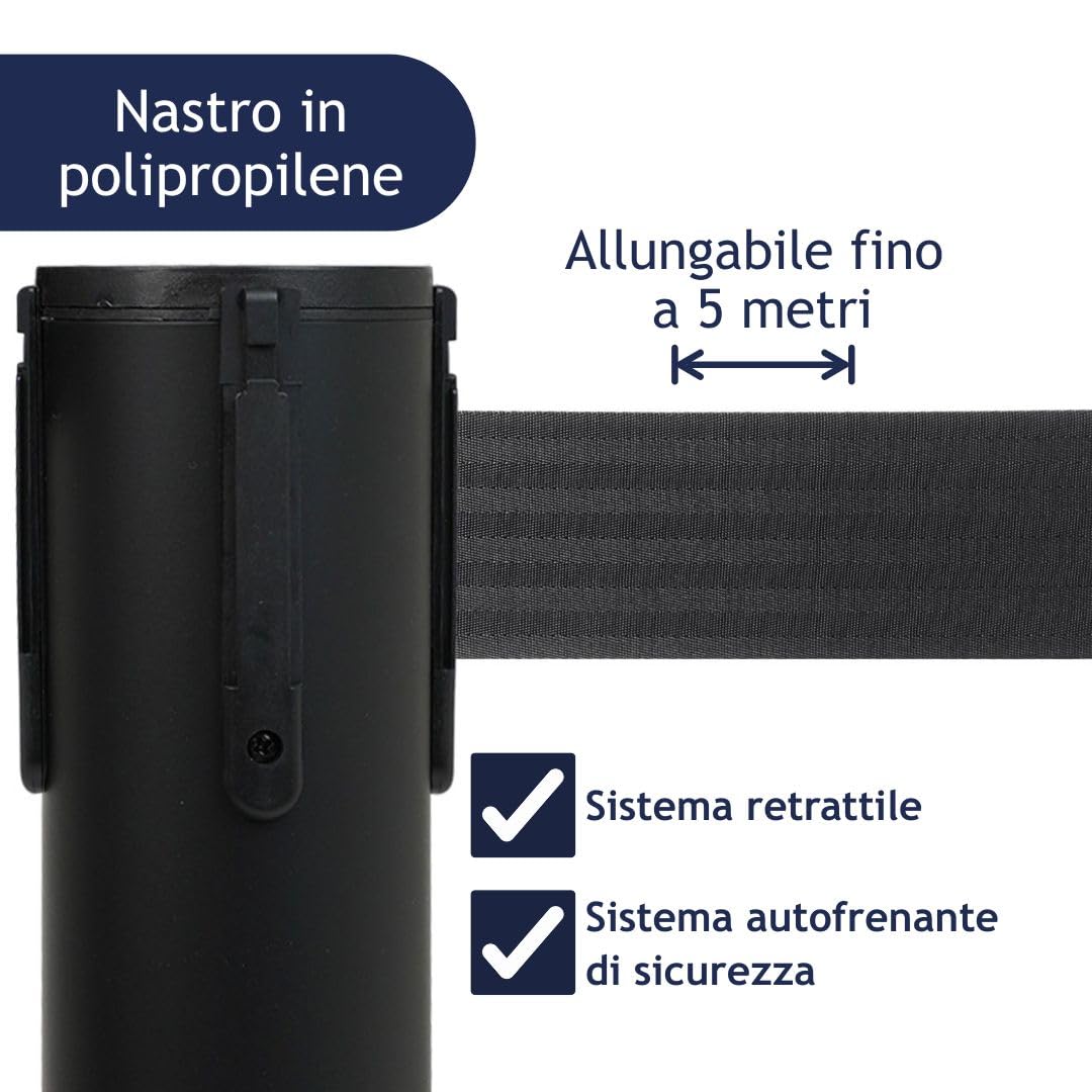 Danieli - Colonnina Segnapercorso con Nastro Estensibile Fino a 5 metri. Nero Opaco, Base Conica (Nero)