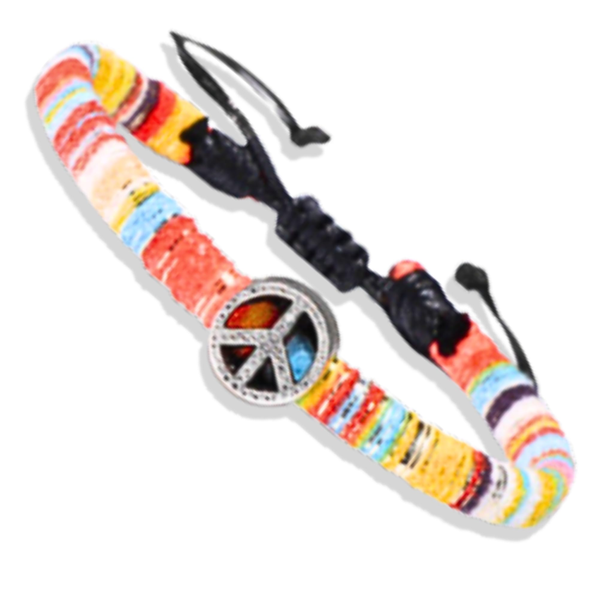 Soul Statement Boho Colorful Woven Cloth Surfer Bracelets with Peace Sign Charm - Adjustable Sizing, Converts into Anklet or Bracelet, Stackable - Dainty Beaded Bracelets and Anklets for Women Waterproof - Trendy Summer Jewelry (Colorful Yellow Peace Sign)