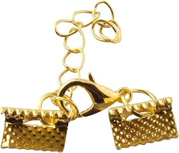 ALLinONE 1 Box Ribbon End Clamp Crimps with Lobster Clasp and Extension Chain with Container for DIY Craft Jewelry Making Gold, 10mm