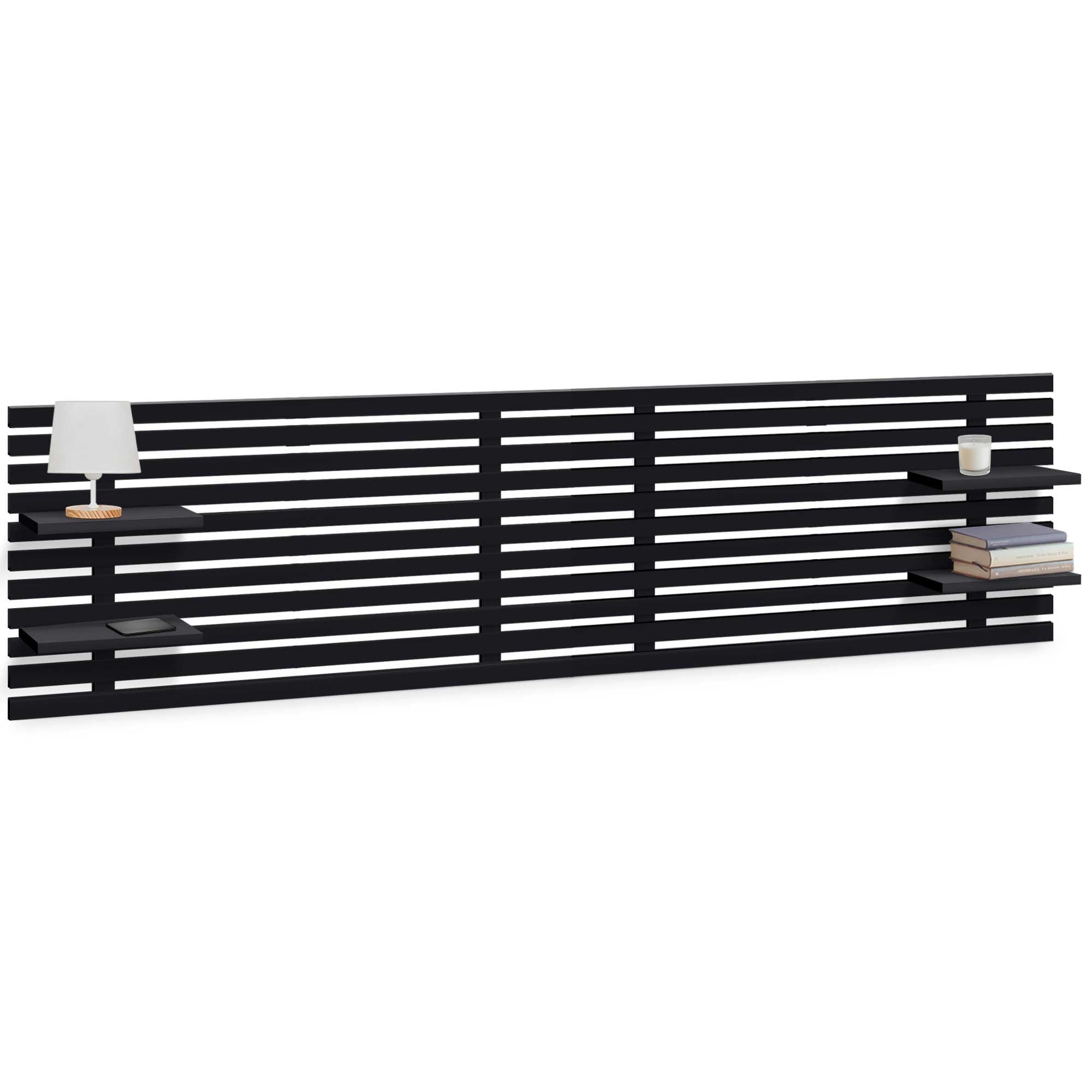 DHOME Testiera con Mensole in Legno Riciclato DM da Appendere alla Parete Stile Pallet Letto Vintage Nordico Supporti Inclusi (Stile Giapponese, Nero Solido, 270cm)