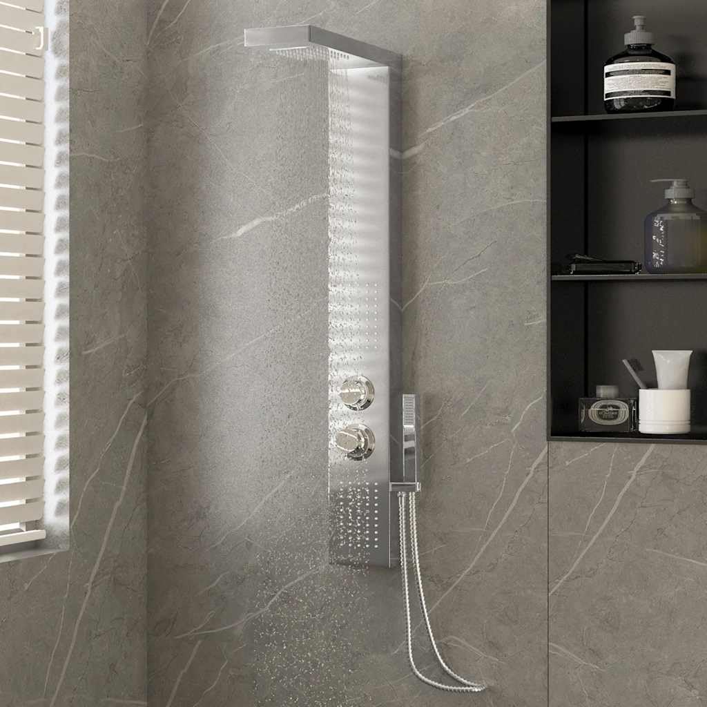 Sistema di pannelli doccia multifunzione in acciaio inox resistente con finitura spazzolata, design quadrato, quattro modalità: doccia a pioggia, doccia a cascata, cascata