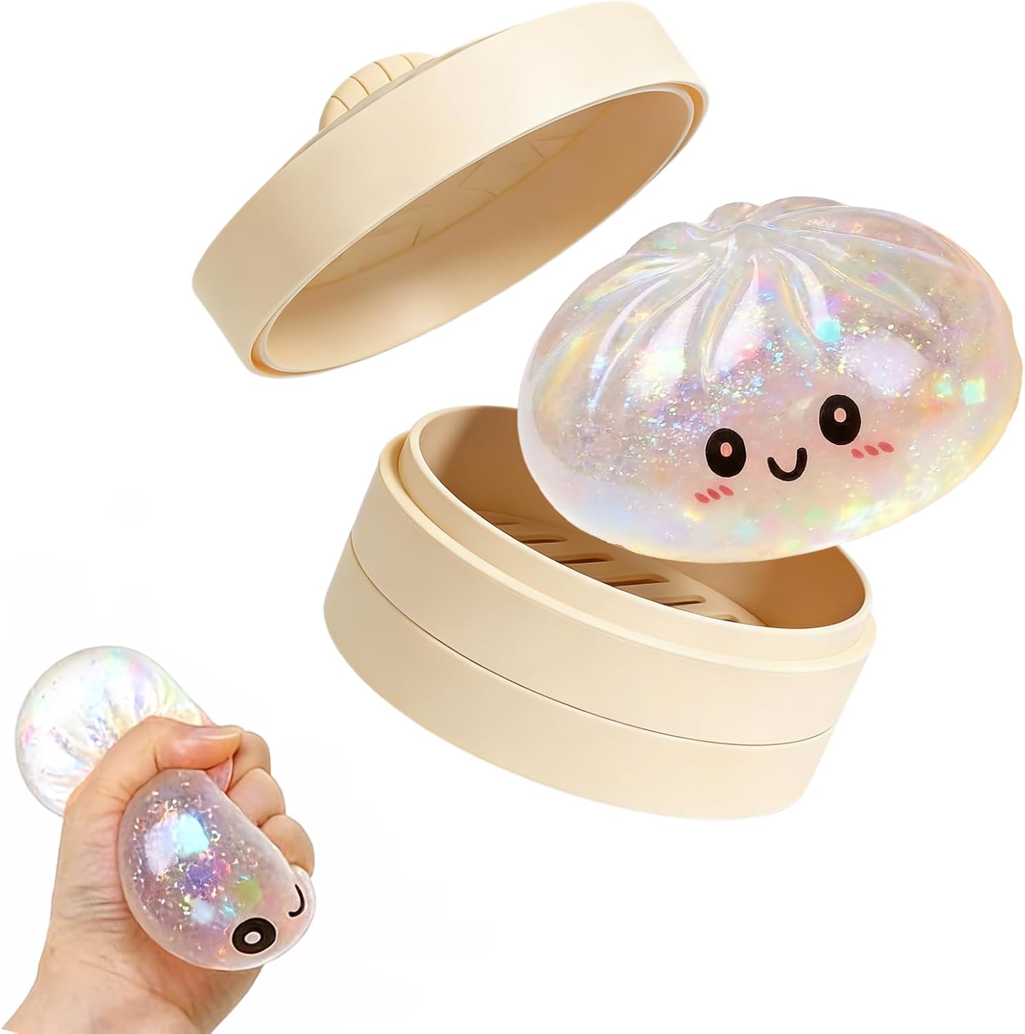 Glitter Dumpling Squishy Toy,Glitter Dumpling Squishy Box,Soft Stretchy Stress Relief Fidget Squeeze Toy,Cute Dumpling Desk Sensory Toy Stocking Stuffer Gift for Teens and Adults(Crystal White)