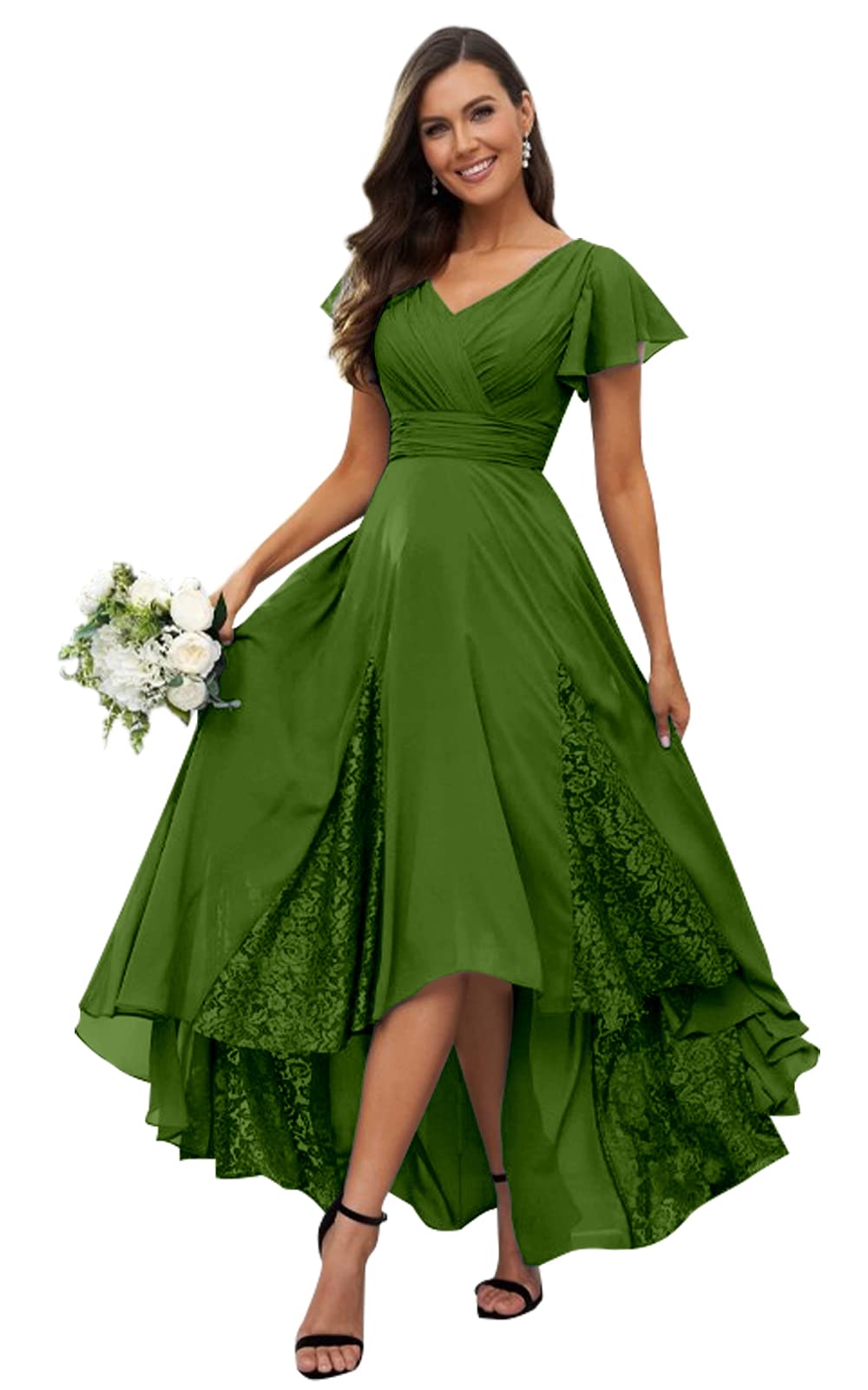 HANVAIOS Tea Length Mother of The Bride Dresses for Women Lace Chiffon Wedding Guest Dress with Sleeves