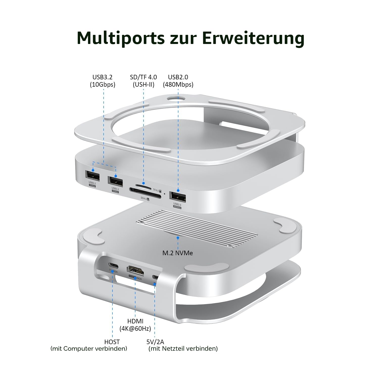 AKKYAJAURE Mac mini-Hub: 10-in-1 Aluminium-Ständer und Dock für Mac mini M4 Pro mit M.2 NVMe SSD-Gehäuse, 4K60hz HDMI, 10 Gbit/s USB-A x 2, SD/TF-Kartenleser, USB 2.0