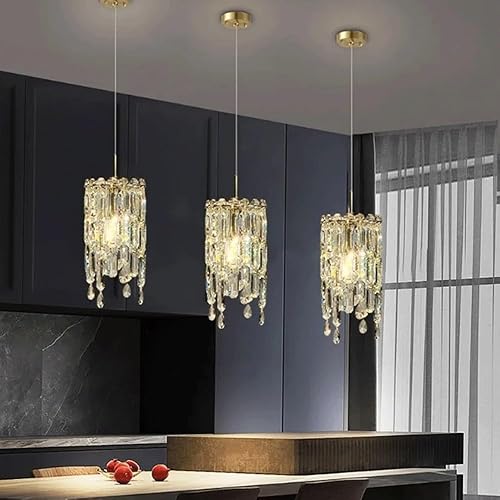 Miniatura 3 de Lámpara colgante de cristal moderna, lámpara colgante de techo cilíndrico de cristal cilíndrico dorado para isla de cocina, cable ajustable para