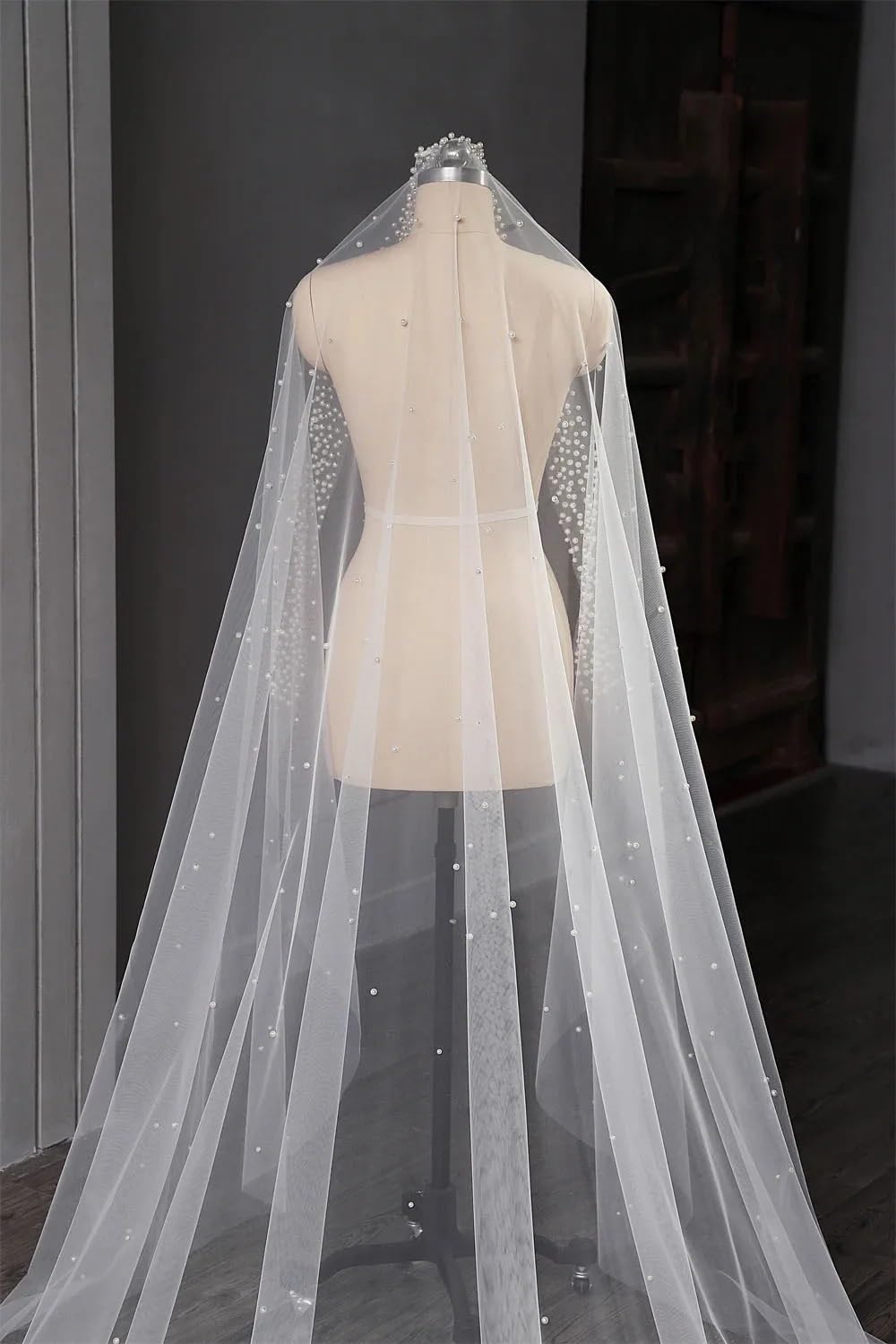 Schleier Braut,Schleier Lange Brautschleier 1 Lage Tüll mit Perlentüll Hochzeitsaccessoires(500cm)