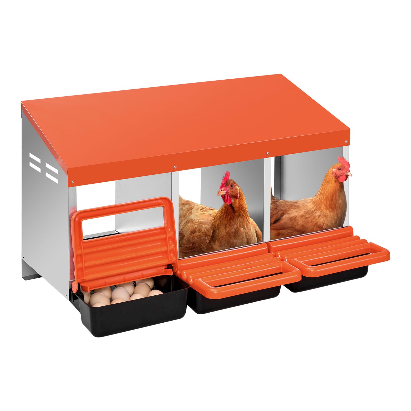 VEVOR Nido con Cassette di Incubazione per Uova 3 Scomparti, Scatole per la Deposizione delle Uova in Metallo con Coperchi di Raccolta Protettivi, Facile da Montare, Ideale per Galline, Arancione