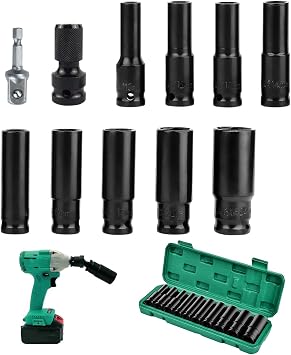 11 Pcs Deep Impact Socket Set with Driver Extension and Plastic Storage Box,10-24mm Metric Long Socket Set,Multifunction Hex Sets 1/2 Inch for Home Car Repair