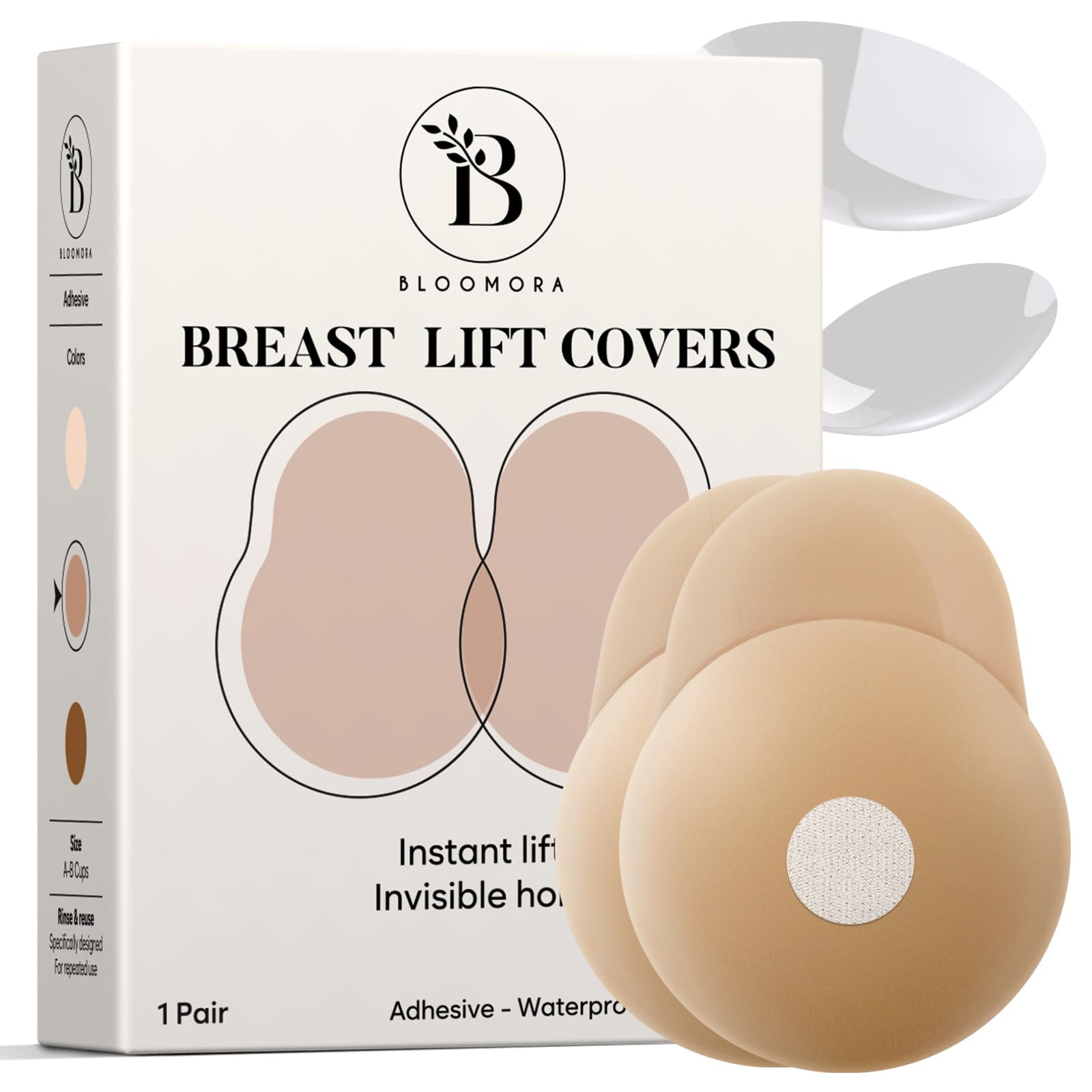 Bloomora Women's Lift Caramel Nipple Covers For With Lift – Sticky Silicone Breast Lift Pasties – Reusable, Invisible & Adhesive Boob Covers With Pull Tab – Size 1 (A–B Cups) – Caramel