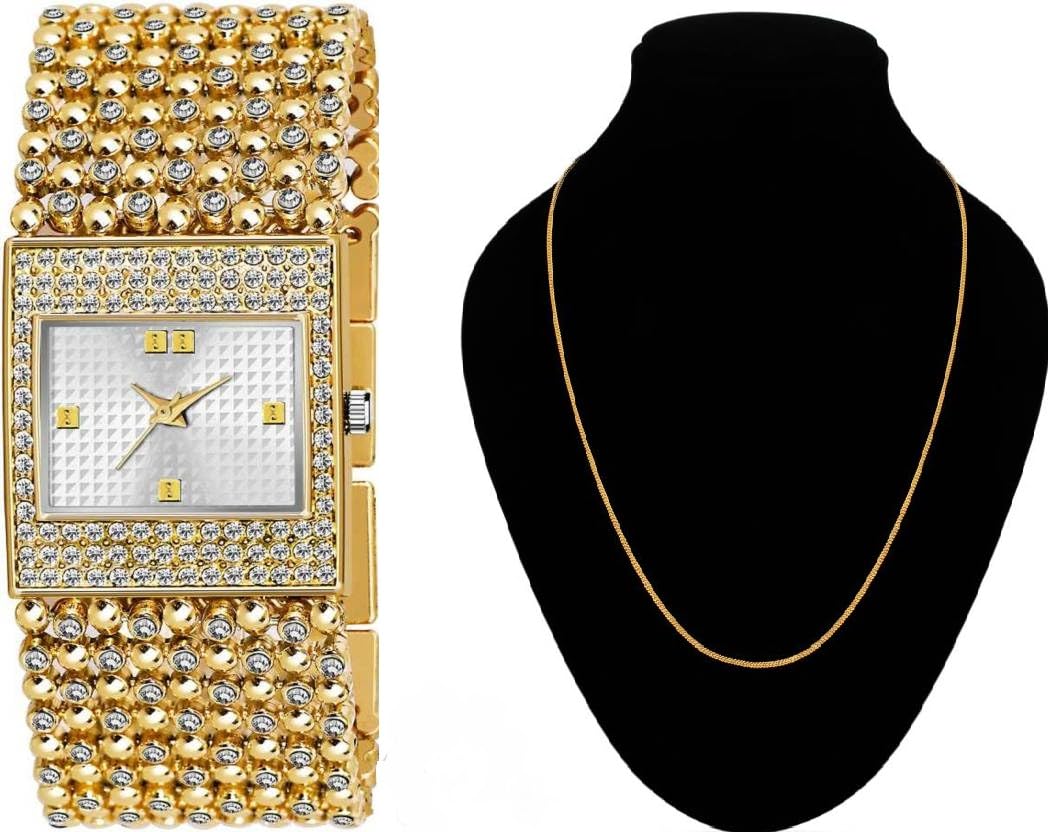 GIFFEMANS Golden Square Metal Chain Effortlessly Stylish and Dependable Analog Wrist Dial luxury look Watch |Quartz Style | Gift Option for Wedding | Fashionable and And Golden Necklace Chain for Girls & Women Combo Set (B0CQ7WSH5L) Amazon Price History, Amazon Price Tracker