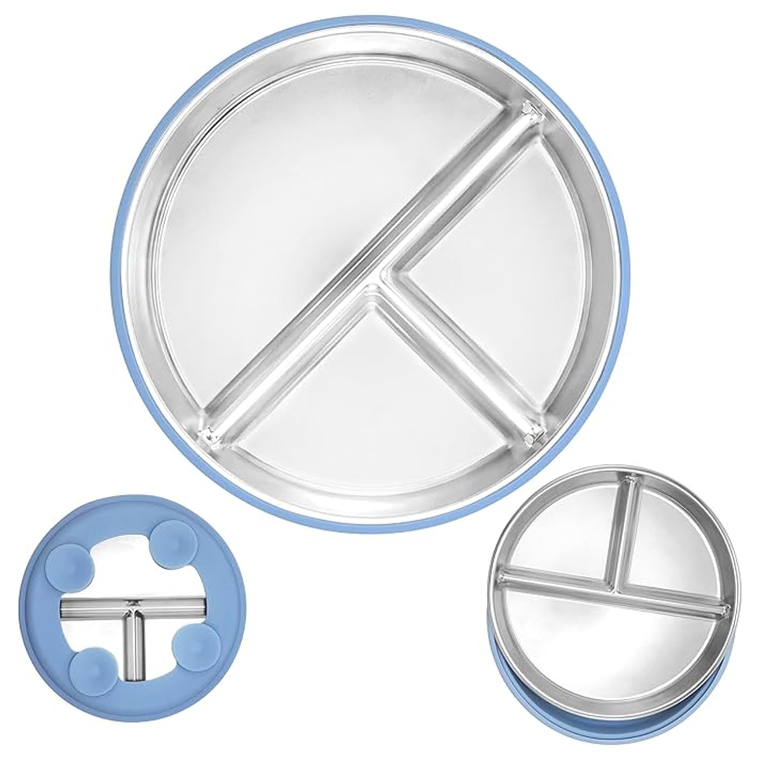 RENVA Stainless Steel Kids Plates Suction Plate for Baby,Divided Toddler Plates with Removable Silicone Sleeves for Mess-Free Feeding, Non-Toxic, Non-Slip (Blue, 1 Plate)