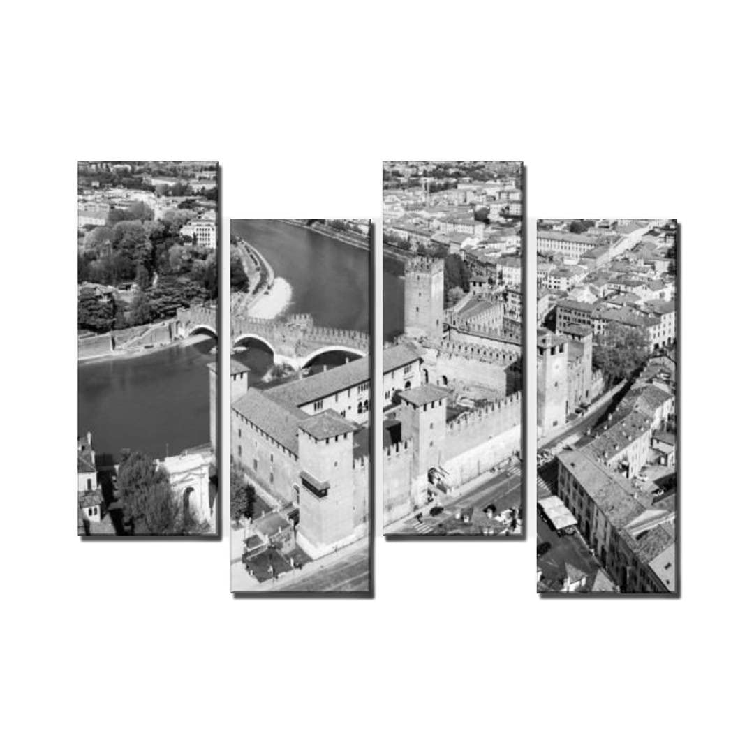 Black and White Canvas Wall Art for Living room Castelvecchio Castle in Verona Italy 4 Panels Decor Framed Ready to Hang for Home Bathroom Kitchen Office Decoration