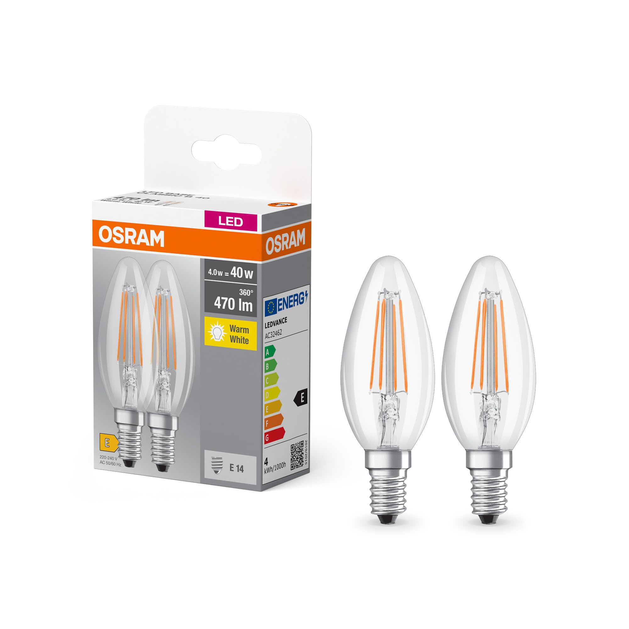 Osram Base Classic B FIL 40 LED Lamp with E14 Socket, Mini Candle Shape, Double Pack, 4 W, 470 lm, 2700 K, Warm White Light, Low Heat Generation, Long Life, Low Energy Consumption
