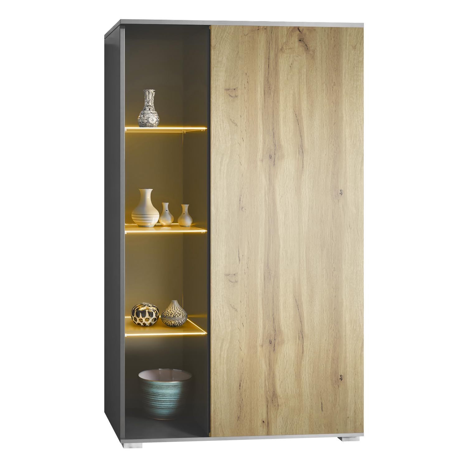 Vladon Vitrine Davos, Made in Germany, Standvitrine mit 3 Glasböden und 8 Fächer inkl. LED, Anthrazit matt/Eiche Wotan (71,5 x 134 x 35 cm)