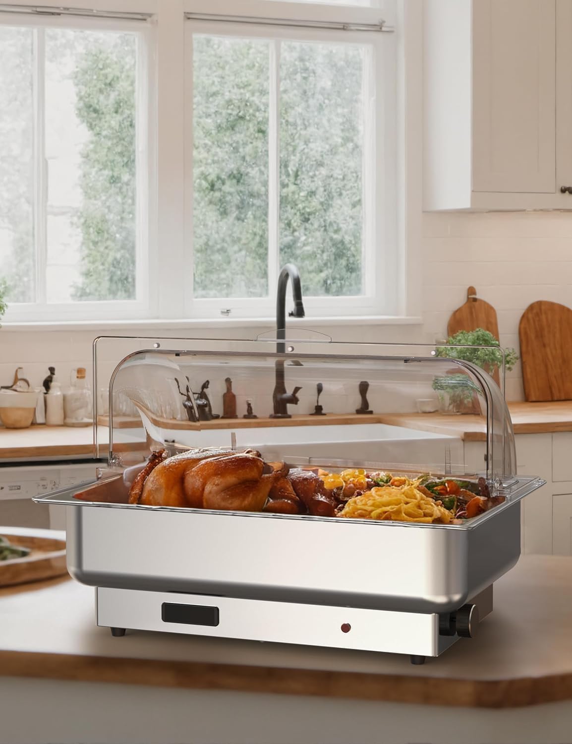 London Boutique Chafing Dish Elettrico per Buffet - Scaldavivande da Catering in Acciaio Inox con Coperchio Roll Top Trasparente - Termostato, 600W - 1x GN 1/1 + 2x GN 1/2 - Standard europeo 220V,