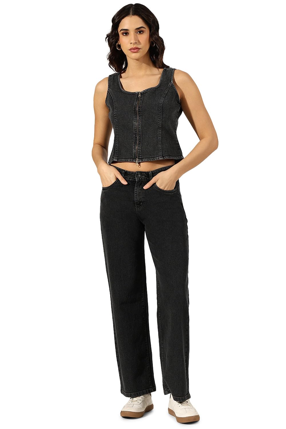 Edition Women's Charcoal Denim Zip-Front Top & Jeans Co-Ord Set-LT-11048_Charcoal-P-image-0