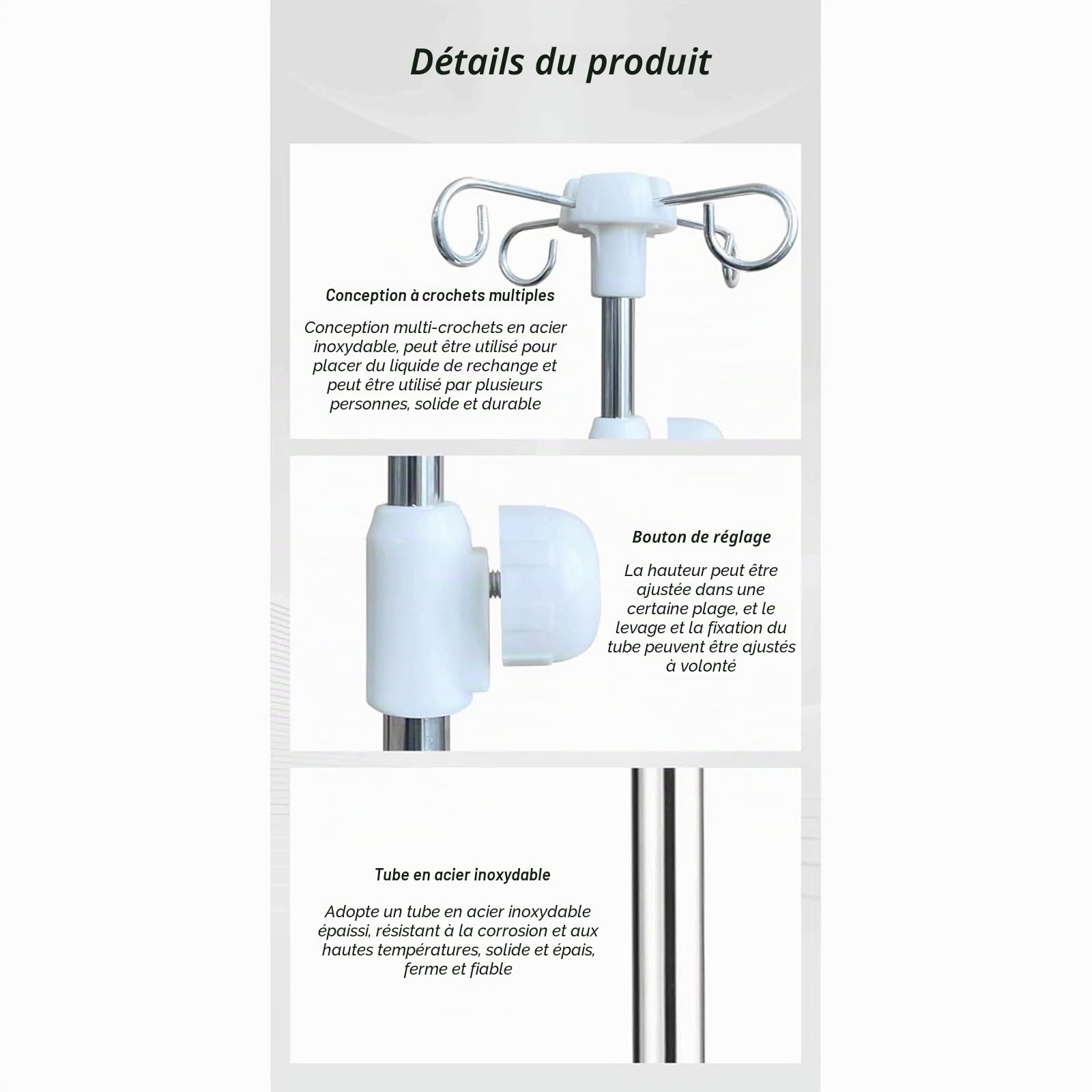 EYPKPL Potence à Perfusion en Acier Inoxydable, réglable en Hauteur, avec 4 Crochets, Support de Perfusion léger, Support de Poche à Perfusion, 19 mm, 22 mm, 25 mm(22mm)