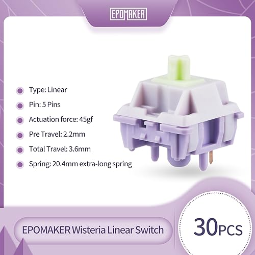 Miniatura 2 de EPOMAKER Wisteria - Interruptores de teclado mecánicos lineales de 39 gf, interruptor cremoso prelubricado de 5 pines, 30 unidades, con vástago de