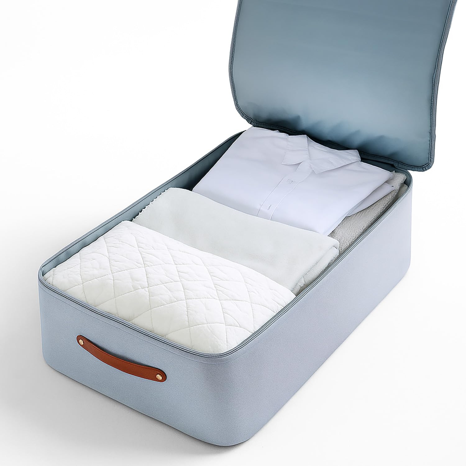 Premium Under Bed Storage – Large Underbed Storage with Lids, All-Side Padded & Fully Lined Inside for Clothes, Bedding, Shoes - Foldable, Double Zippers, Faux Leather Handles, 28x17x8 in, Light Grey