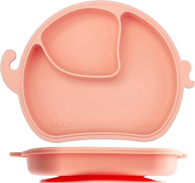 Silicone Suction Plate for Toddlers - Self Feeding Training Divided Plate Dish and Bowl for Baby and Toddler, Fits for Most Highchairs Trays, BPA Free Microwave Dishwasher Safe (Rose)
