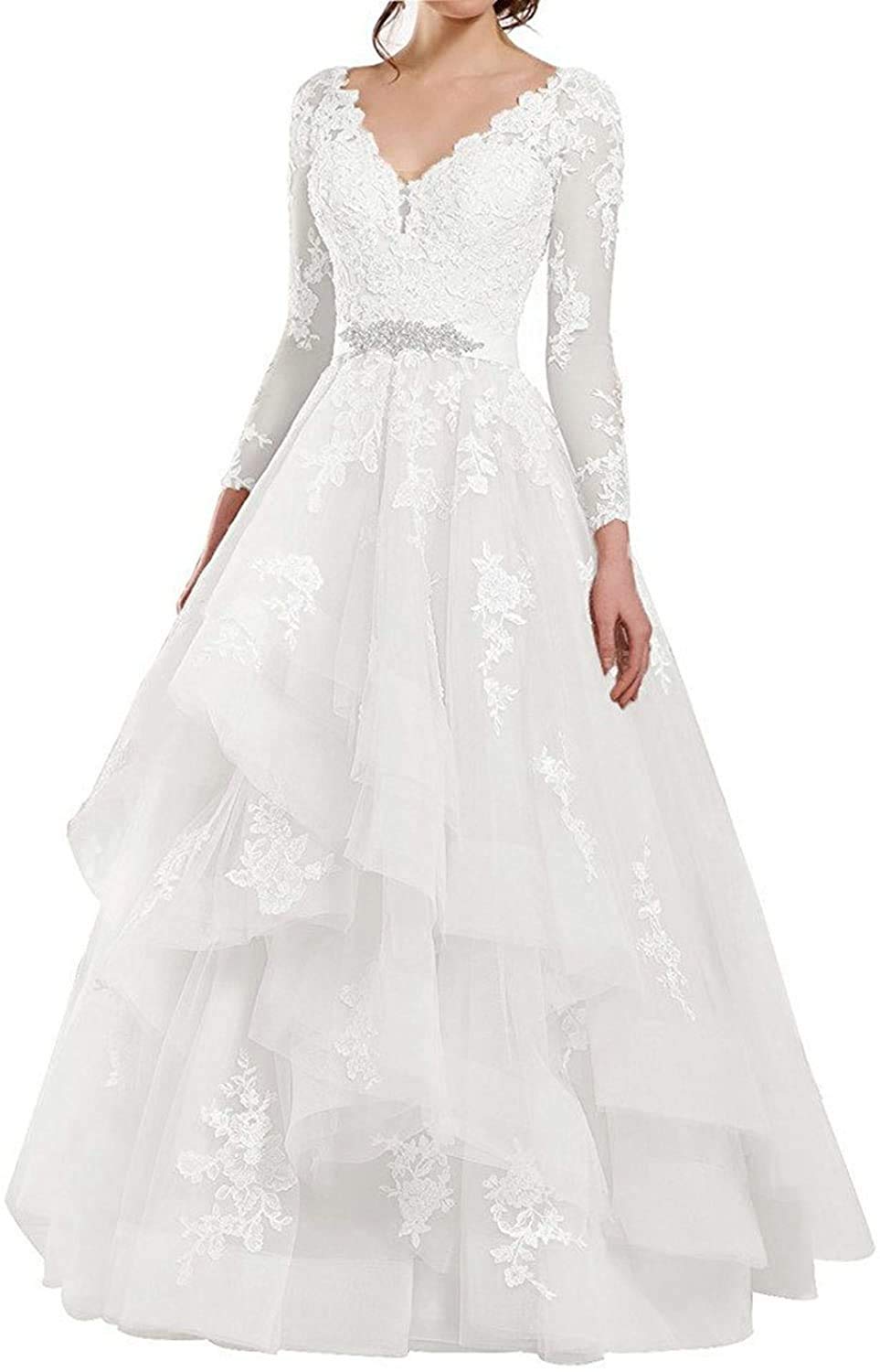 Abito da Sposa in Tulle con Maniche Boho Scollo a V, Avorio, 38