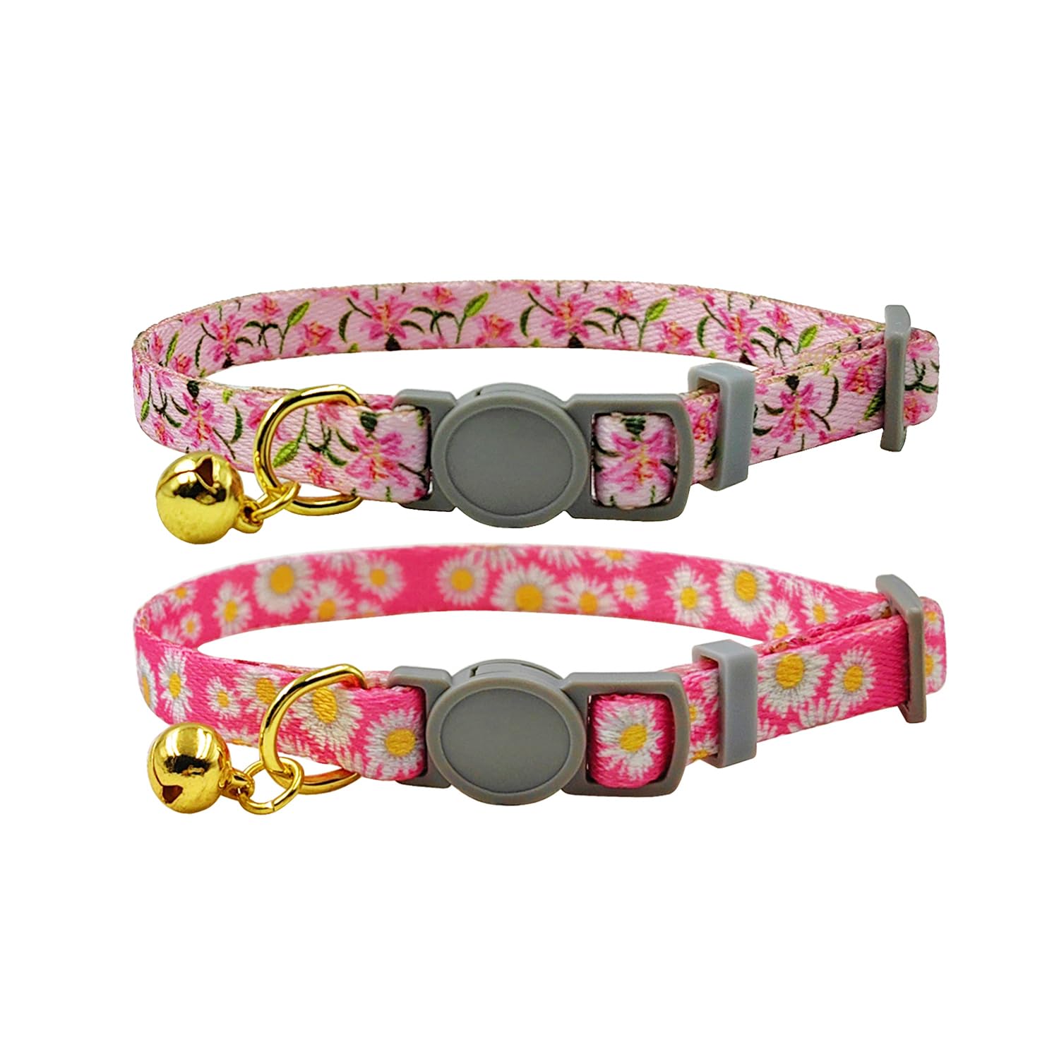 Olahibi 2 Pack Cat Collar, Floral Pattern, Breakaway Safe Release Buckle, Clear Bell, Polyester Material, for Adult Cats.(Daisy+Lily)