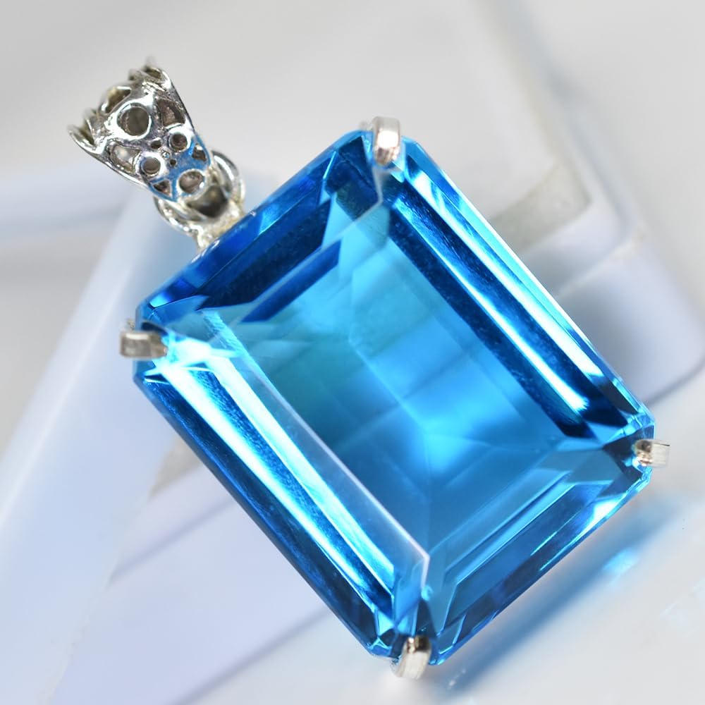 Natural Blue Topaz 95.40 Ct Certified 925 Sterling Silver Emerald Cut Gems Pendant - Image 3