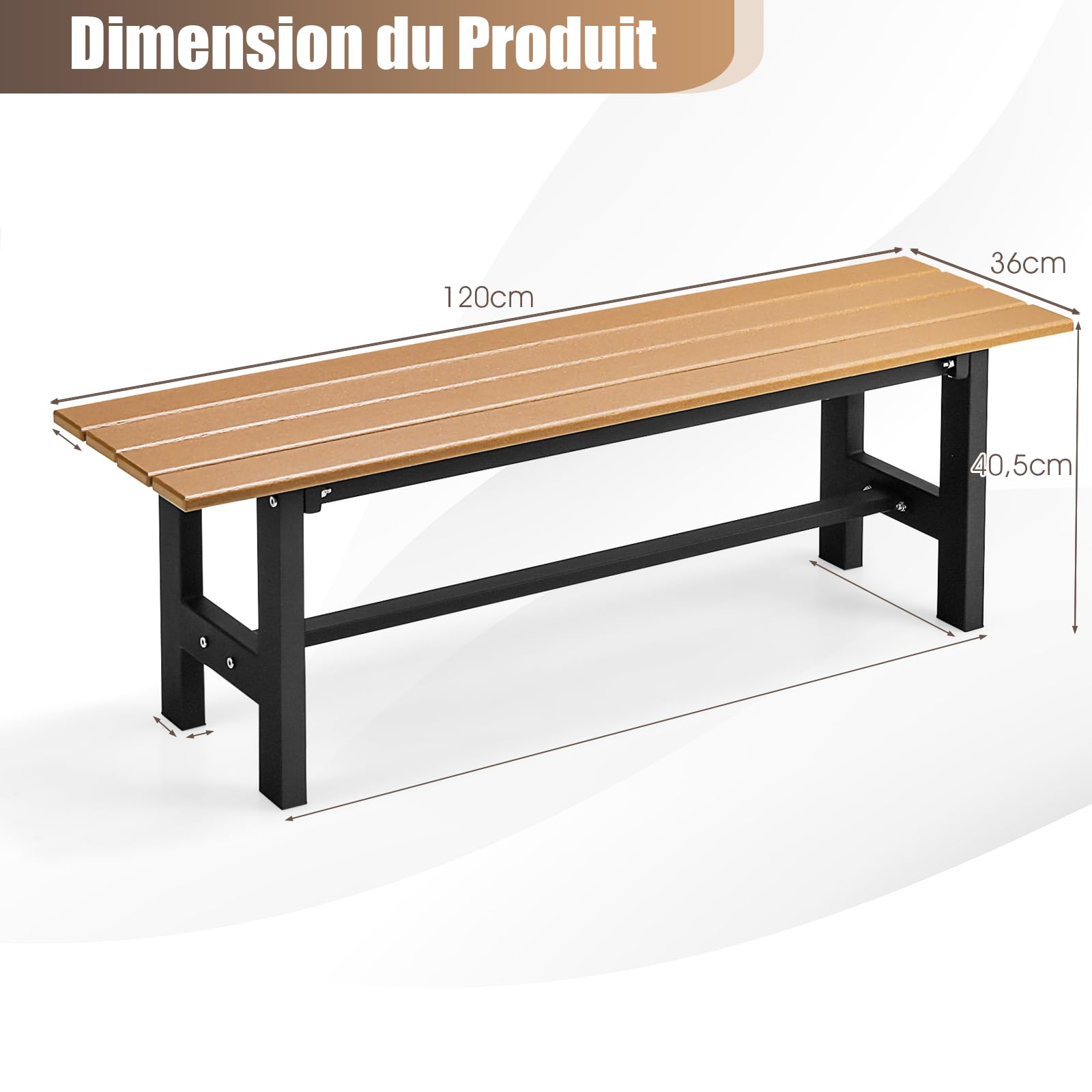 COSTWAY Banc de Jardin en HDPE et Cadre Métallique, Banc de Terrasse sans Dossier avec Assise à Lattes, Charge 300KG, 2 Places, pour Jardin, Terrasse, Cour, 120 x 36 x 40,5 cm (Marron)