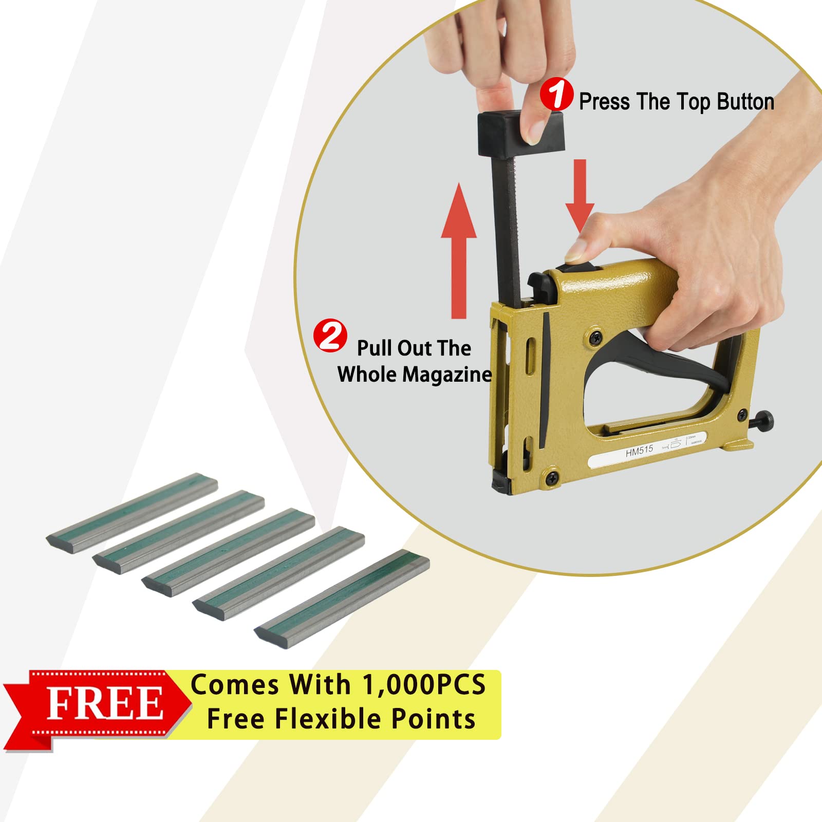 HM515 Manueller Flex-Blattnagler leichtes Bilderrahmen-Rahmungswerkzeug mit 1000 Stück 15 mm flexible Blattnägel Handpunktetreiber zur Montage von Bilderrahmen und handgefertigten Kunstwerken