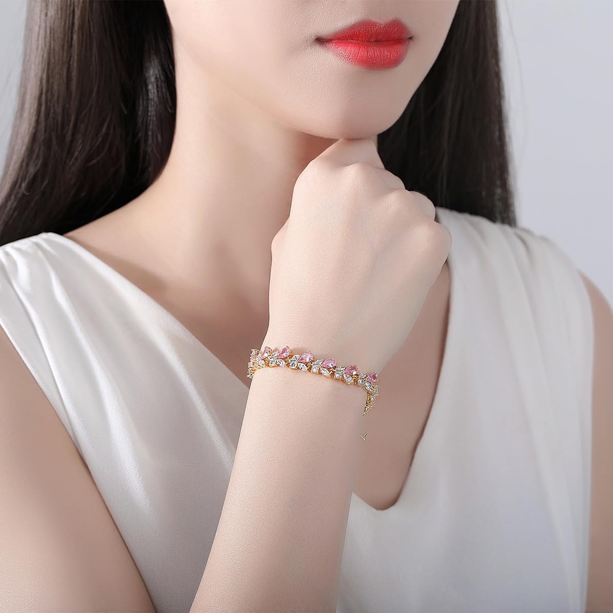 14K Gold Pink Marquise Moissanite Bracelet, Heart-Shaped Bow Design, Romantic Style for Women