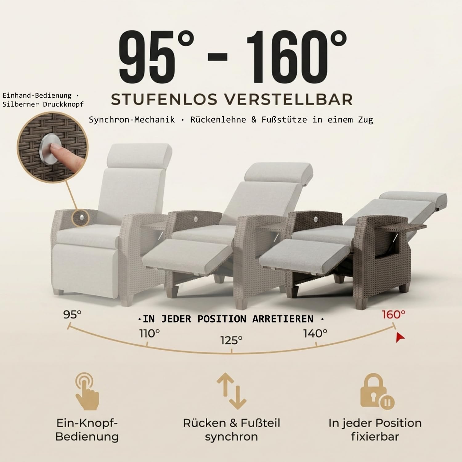 Sillón Relax Reclinable de Ratán para Jardín Exterior, Respaldo y Reposapiés Ajustables 160°, con Cojín Grueso y Funda, Mesa Auxiliar, Resistente UV, Carga 200KG, Tumbona para Terraza Patio y Salón