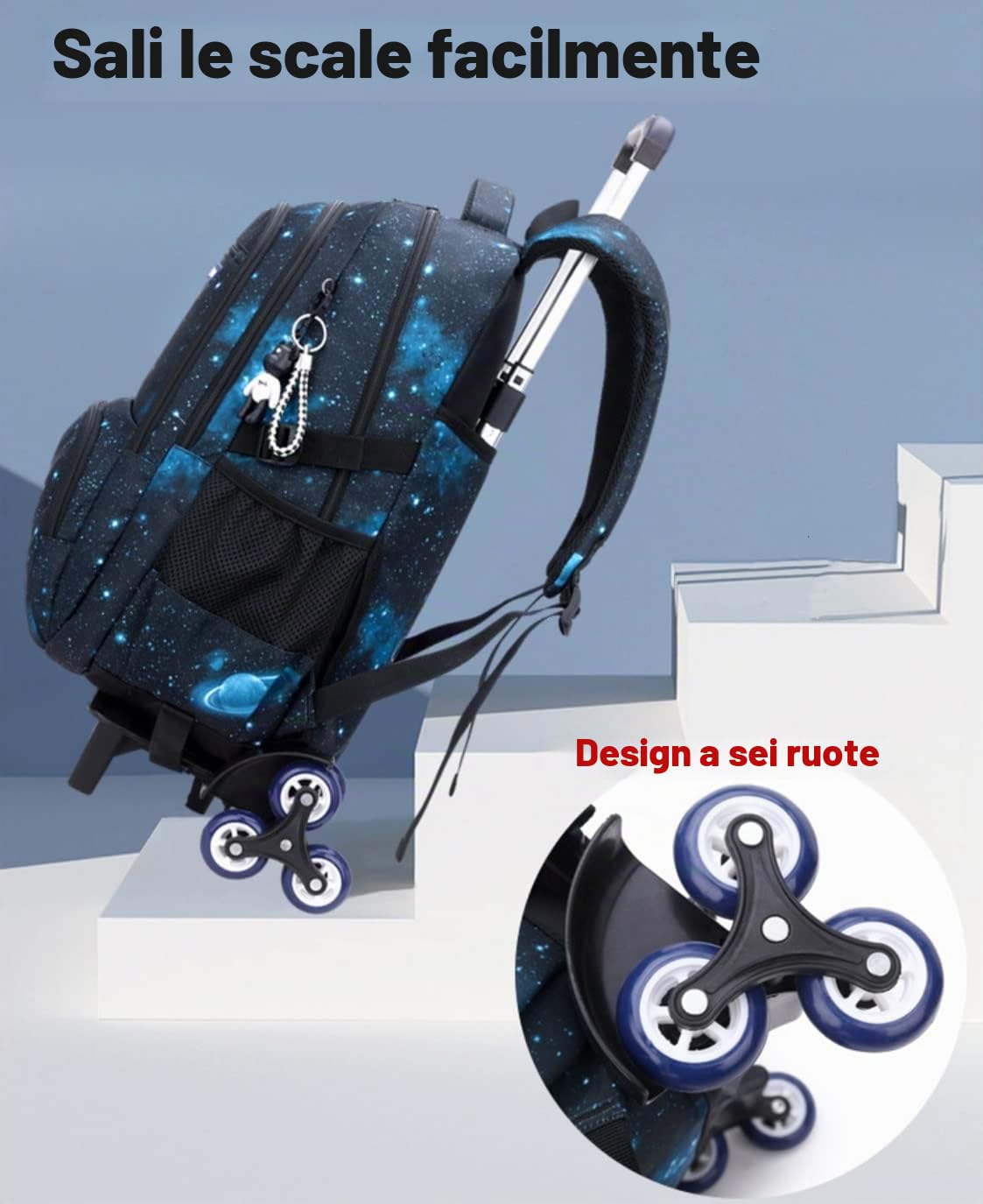 Zaino Trolley Scuola Zaino con Ruote Rotolamento Removibile Scuola Borsa per Ragazzi e Ragazze (Stellato Nero)