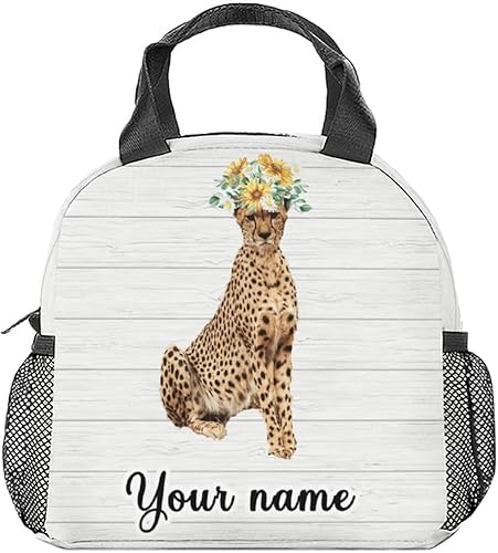 Miniatura 7 de Lonchera con estampado de guepardo, reutilizable, aislada, con correa para el hombro y bolsillos, lonchera pequeña amarilla linda para niños,