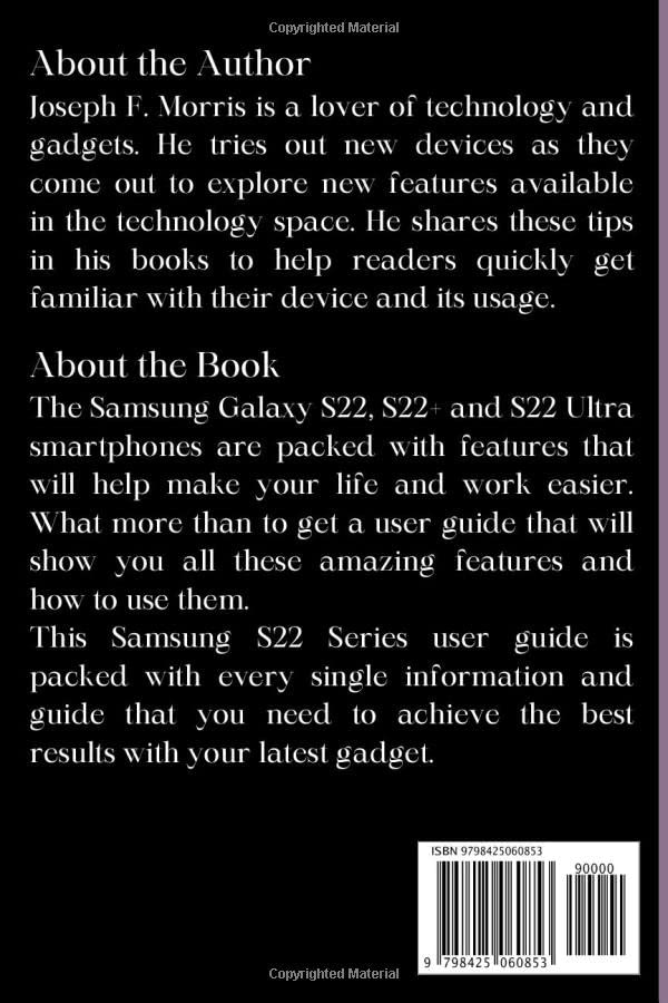 Back cover of the Samsung Galaxy S22 User Guide for Seniors book