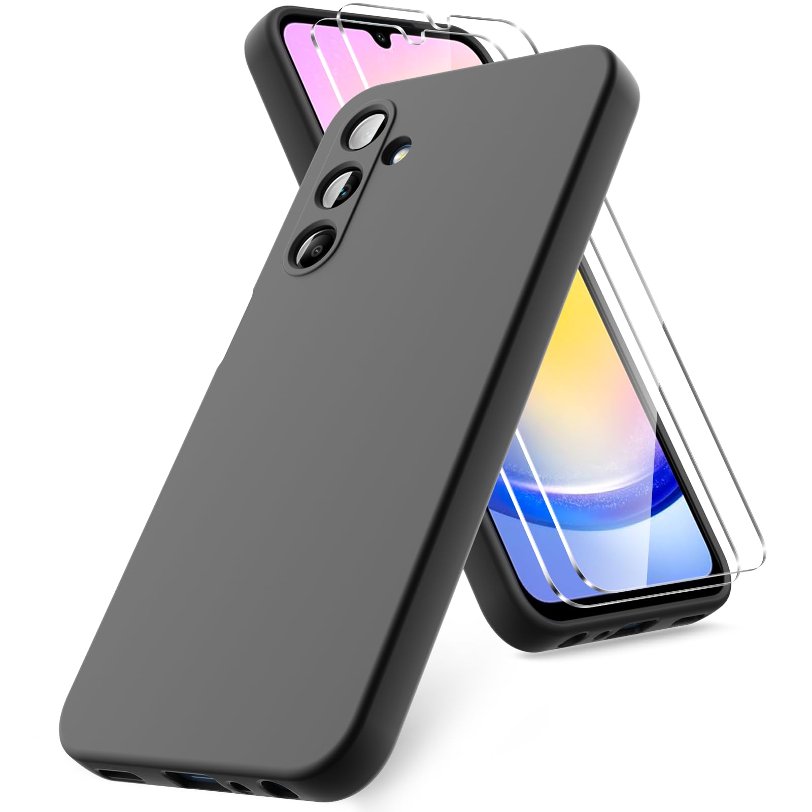 Vansdon Cover Compatibile con Samsung Galaxy A25 5G, 2 Pellicola Protettiva in Vetro Temperato, Gomma Gel di Silicone Liquida Antiurto Custodia - Nero
