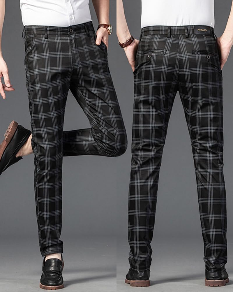 Pantalon de Costume Homme Pantalon à Carreaux de Travail Élastique Pantalon Chino Pantalon de Jogging Décontracté Pantalon Business Élégant Coupe Ajustée Classique Chino Pantalon