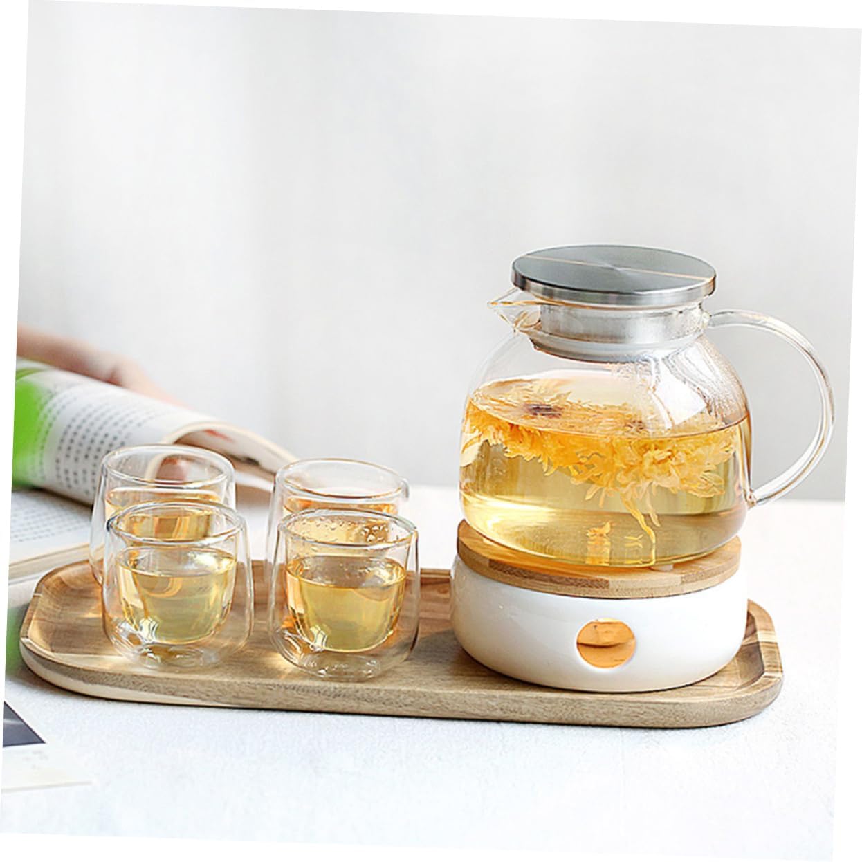 Glass Teapot with Bamboo Lid 2-Piece Large Capacity Herbal Tea Pot High-Temperature Resistant for Loose Leaf Tea and Infusions