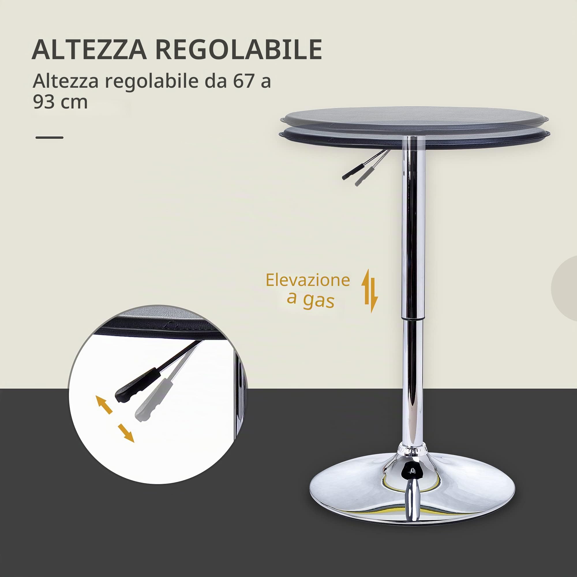 HOMCOM Tavolino da Bar Cromato, Regolabile in Altezza (67-93cm) con Sistema Lift Up, Piano Rotondo (Φ63cm) Girevole 360°