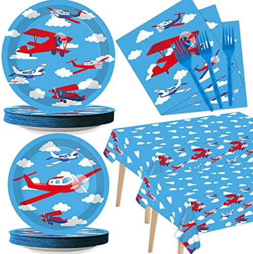 Airplane Party Supplies Tableware Kit for 24 Guests Helicopter Birthday Party Paper Plates Napkins Decorations Favors with Tablecloth and More for Kids