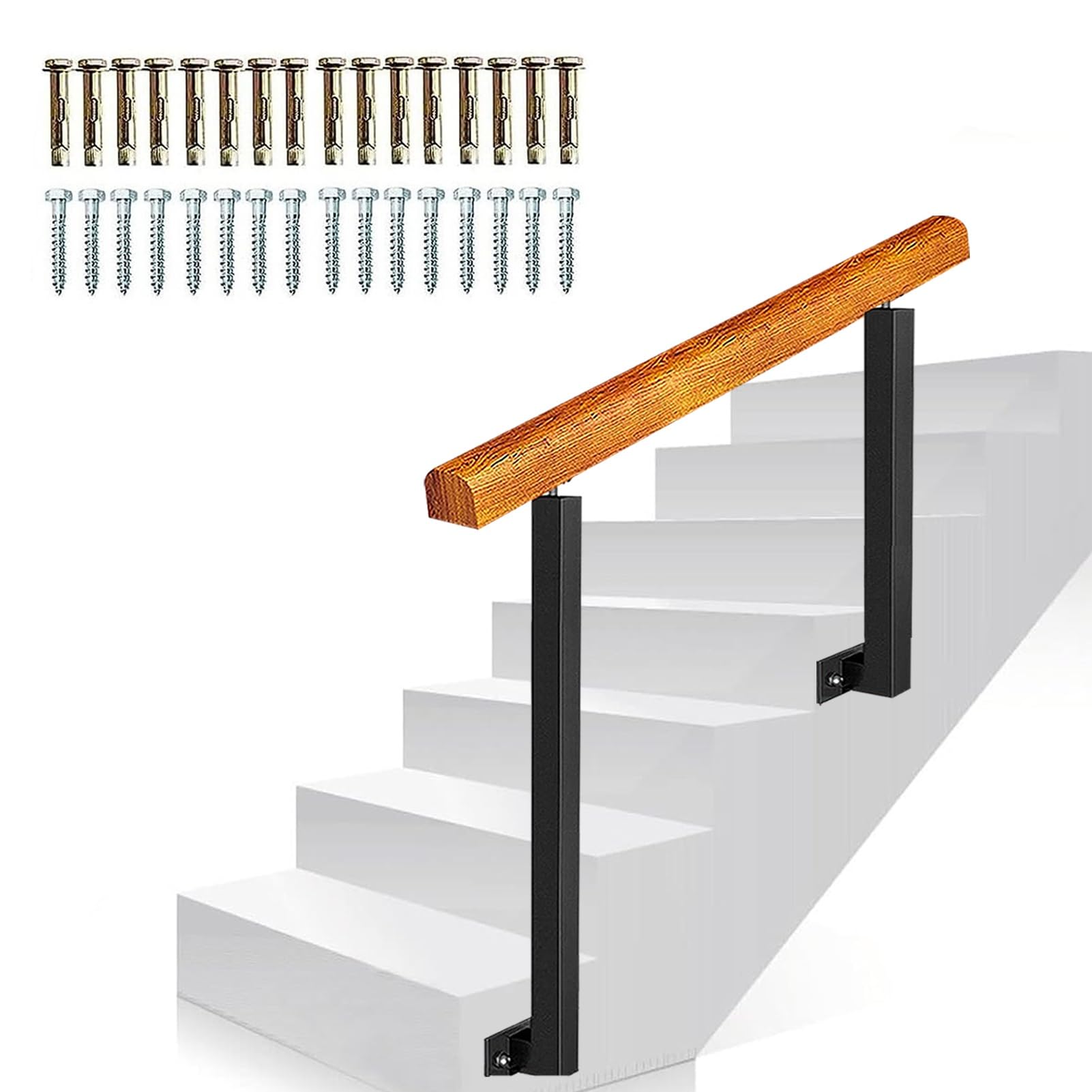 Gyeqxkt Height 85Cm Outdoor Handrails For Stairs - Adjustable Slope Wooden And Wrought Iron Banister, Perfect For Porch Deck And External Steps