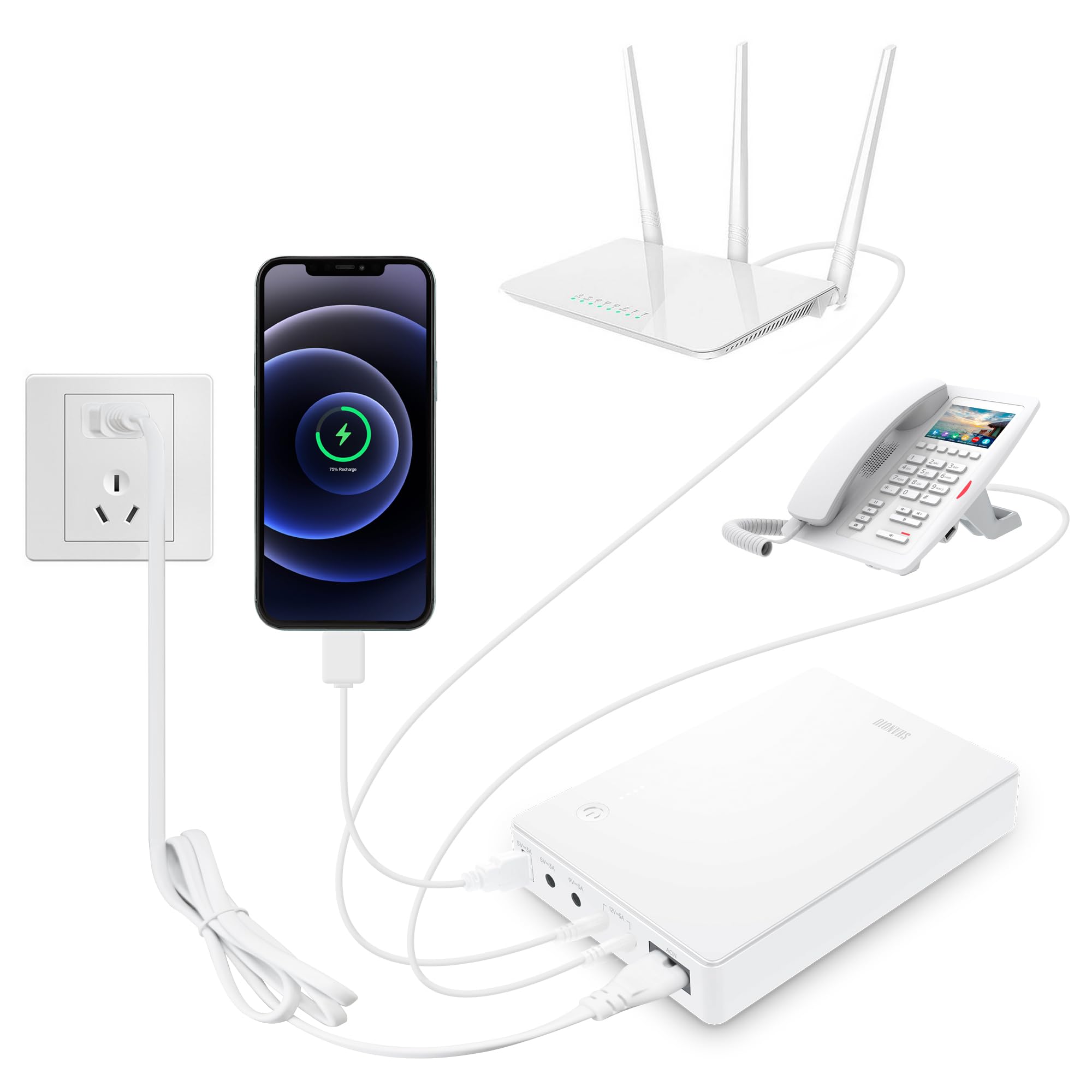 Mini UPS Gruppo di continuità per router, modem, fotocamera con ingresso AC uscita USB 5V DC 5V 9V 12V 3A (74Wh bianco)