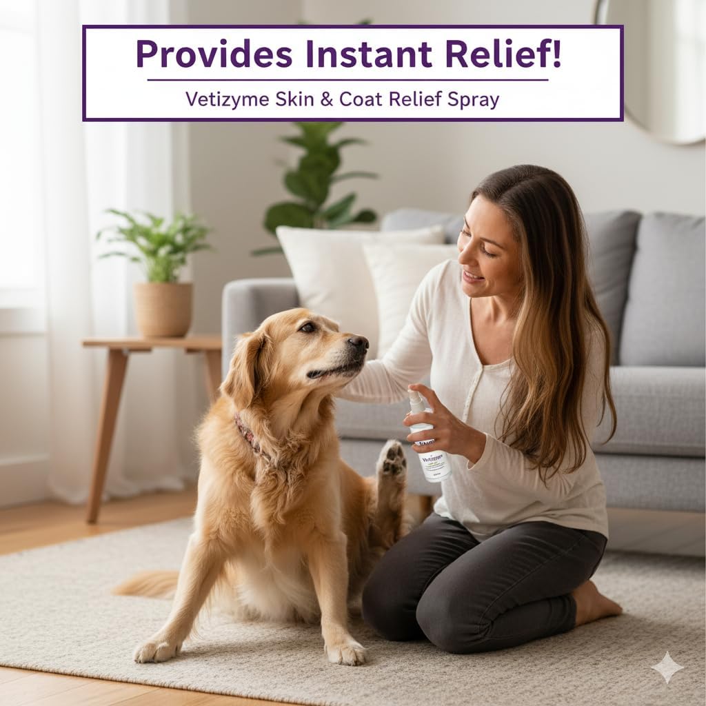 VetiZyme Skin & Coat Relief Spray – Natural Itch Relief for Dogs & Cats – Soothes Hot Spots, Irritation, Dry Skin & Allergies – Non Toxic, Chemical Free, Plant-Based Pet Spray – Safe & Gentle