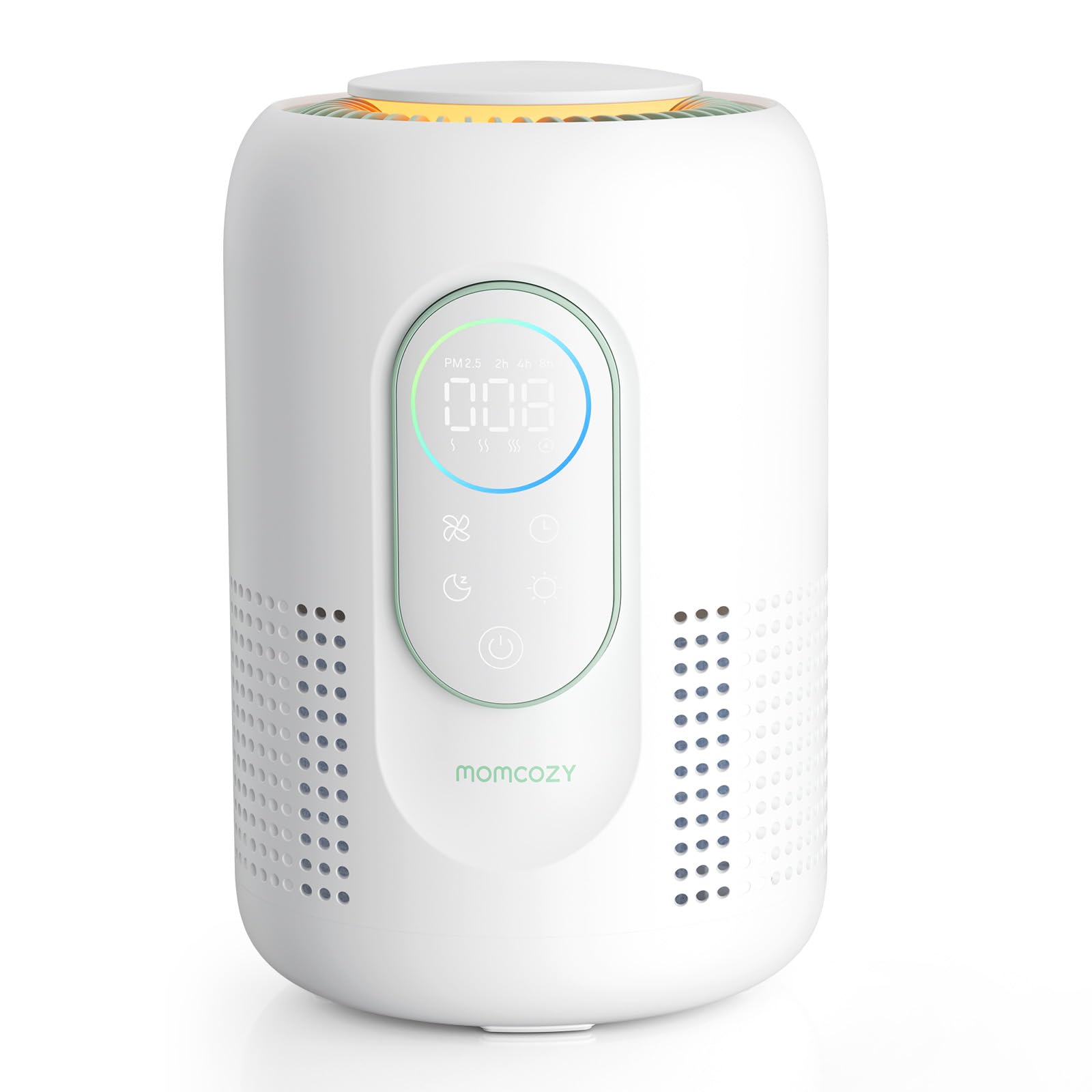 Purificateur d'air pour chambre d'enfant Momcozy, système à 4 filtres, moniteur et écran indiquant en temps réel la qualité de l'air (PM2,5), indication de l'état avec 3 couleurs, veilleuse réglable