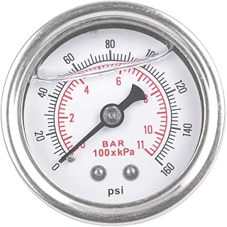 0-160 PSI Fuel Pressure Gauge, 1.5" White Dial, 1/8" NPT Center Back Mount, Glycerin Liquid Filled, 304 Stainless Steel case, Inline Low-Pressure Gauge, for Oil Water Air Pressure Test